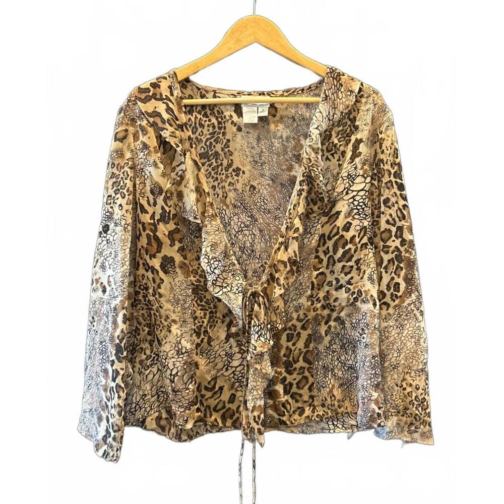 Coldwater Creek Womens Sheer Cardigan Sz 16 Brown Animal Print Ruffle Boho